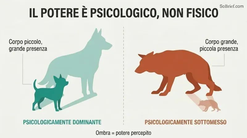 A small confident Chihuahua casts a large shadow while a large cowering German Shepherd casts a small shadow, showing power comes from psychology not size.