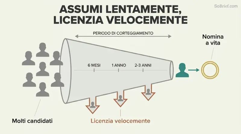 Horizontal funnel showing many candidate silhouettes entering a long courtship filter, with quick exit arrows along the way, and one figure emerging into a lifetime commitment.
