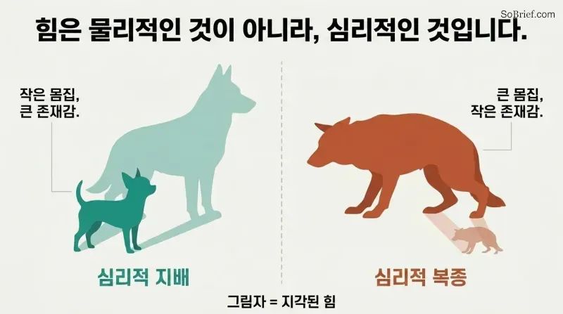 A small confident Chihuahua casts a large shadow while a large cowering German Shepherd casts a small shadow, showing power comes from psychology not size.