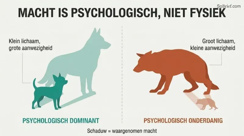 A small confident Chihuahua casts a large shadow while a large cowering German Shepherd casts a small shadow, showing power comes from psychology not size.