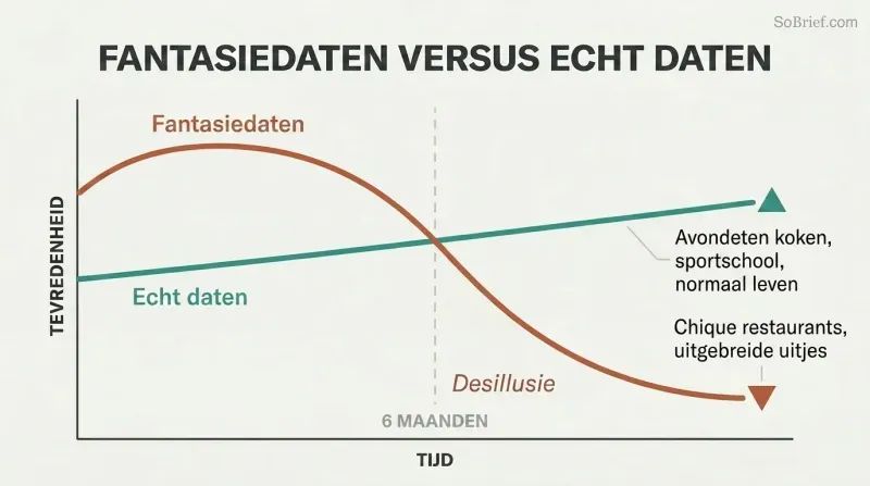 Two-line trajectory chart showing fantasy dating peaking early then crashing at six months while real-life dating starts modestly but sustains over time.