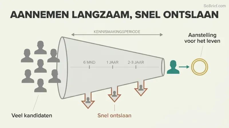 Horizontal funnel showing many candidate silhouettes entering a long courtship filter, with quick exit arrows along the way, and one figure emerging into a lifetime commitment.