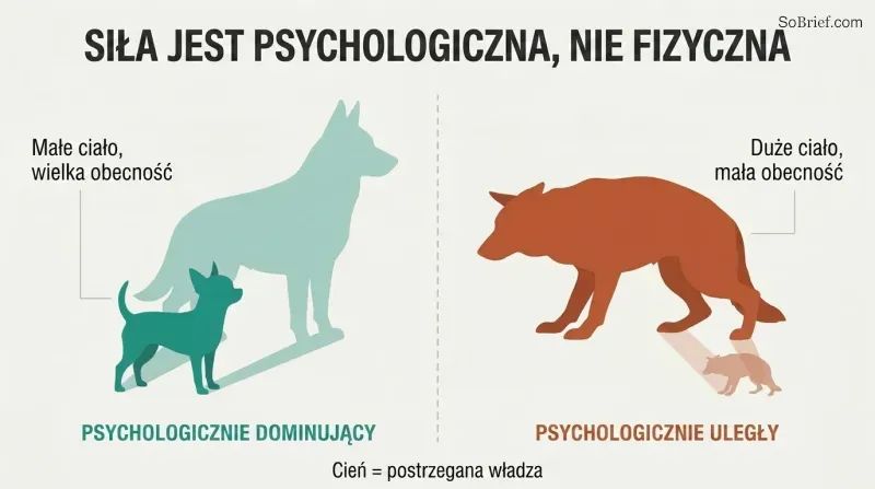 A small confident Chihuahua casts a large shadow while a large cowering German Shepherd casts a small shadow, showing power comes from psychology not size.