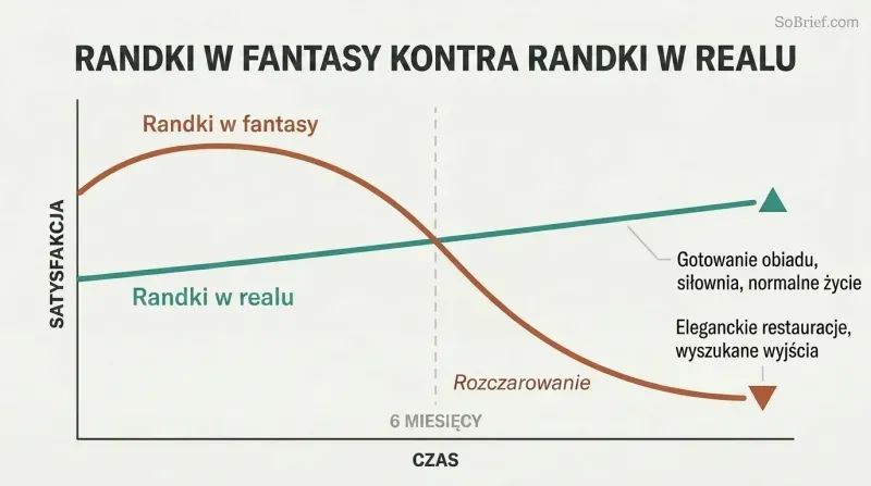 Two-line trajectory chart showing fantasy dating peaking early then crashing at six months while real-life dating starts modestly but sustains over time.