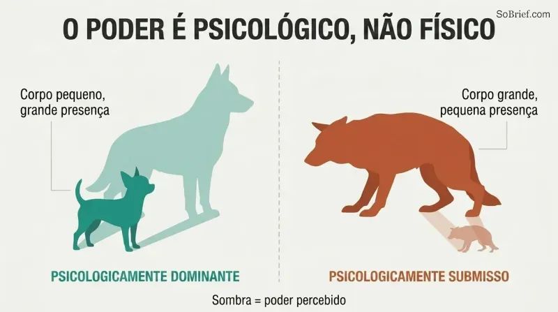 A small confident Chihuahua casts a large shadow while a large cowering German Shepherd casts a small shadow, showing power comes from psychology not size.