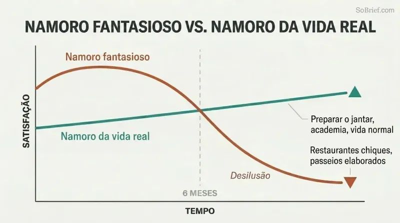 Two-line trajectory chart showing fantasy dating peaking early then crashing at six months while real-life dating starts modestly but sustains over time.