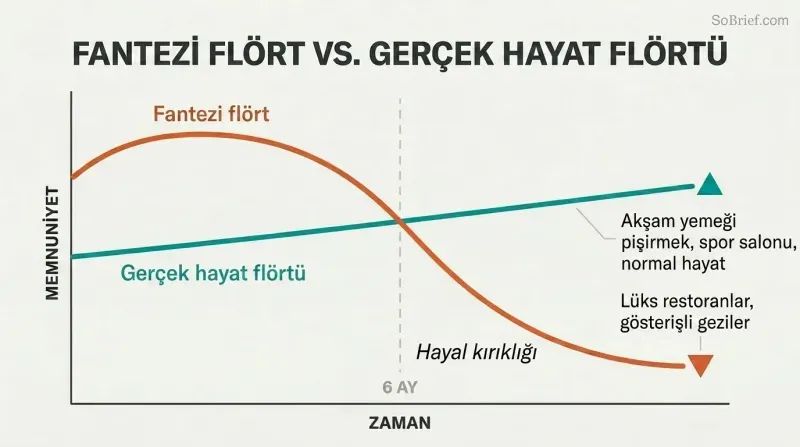 Two-line trajectory chart showing fantasy dating peaking early then crashing at six months while real-life dating starts modestly but sustains over time.