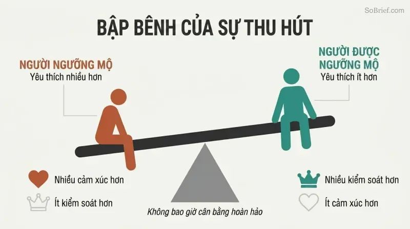 A tilted seesaw showing the adorer sitting lower with high emotion but low control, and the adored sitting higher with high control but muted emotion.