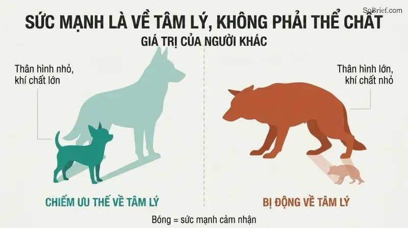 A small confident Chihuahua casts a large shadow while a large cowering German Shepherd casts a small shadow, showing power comes from psychology not size.
