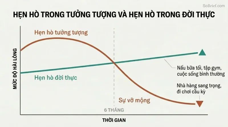 Two-line trajectory chart showing fantasy dating peaking early then crashing at six months while real-life dating starts modestly but sustains over time.