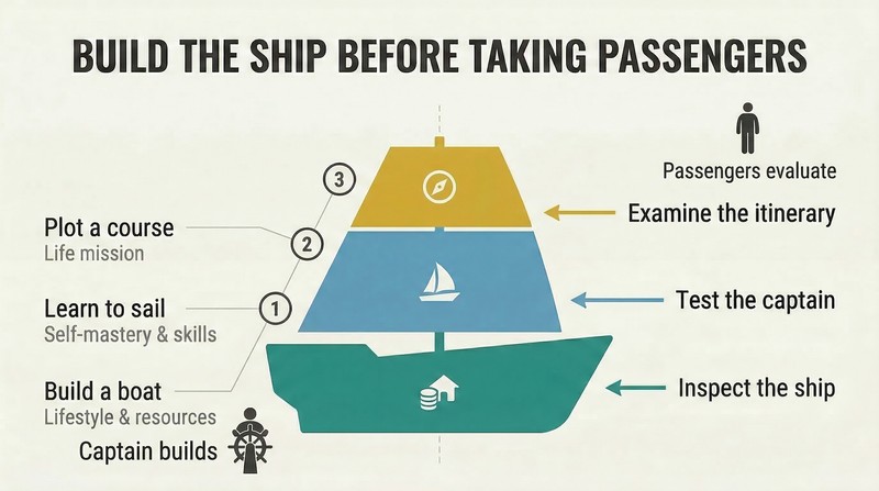Three-layer ship diagram mapping a captain's build tasks on the left to corresponding passenger evaluations on the right.