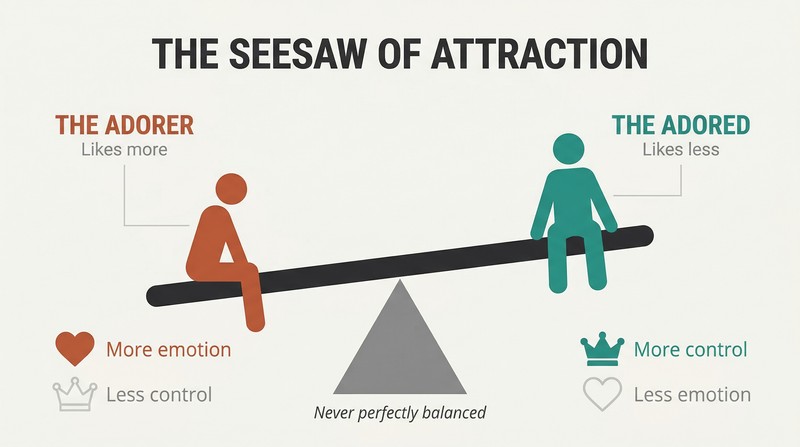 A tilted seesaw showing the adorer sitting lower with high emotion but low control, and the adored sitting higher with high control but muted emotion.