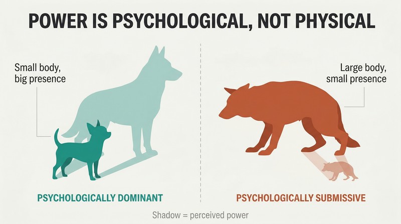 A small confident Chihuahua casts a large shadow while a large cowering German Shepherd casts a small shadow, showing power comes from psychology not size.