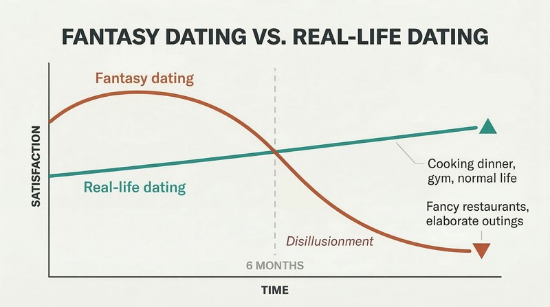 Two-line trajectory chart showing fantasy dating peaking early then crashing at six months while real-life dating starts modestly but sustains over time.
