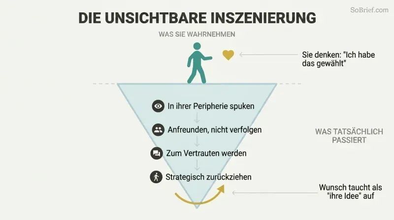Iceberg diagram showing a target's perception of free choice above the surface while orchestrated seduction steps are hidden beneath.