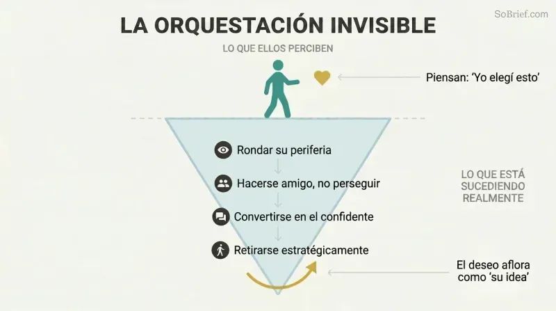 Iceberg diagram showing a target's perception of free choice above the surface while orchestrated seduction steps are hidden beneath.