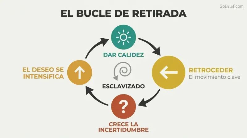Clockwise four-stage cycle where warmth and withdrawal fuel uncertainty and escalating desire in an endless loop.