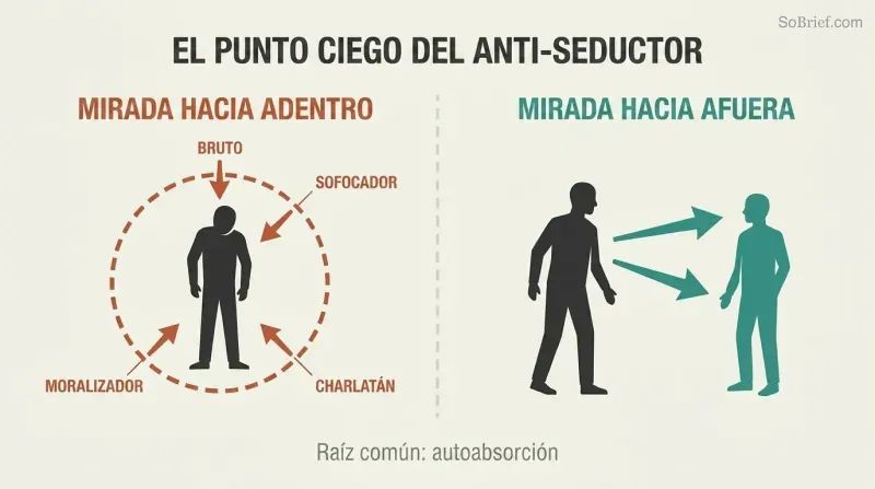 Split panel contrasting a self-absorbed figure enclosed in a dashed circle with anti-seductive type labels against an open figure directing arrows of attention toward another person.