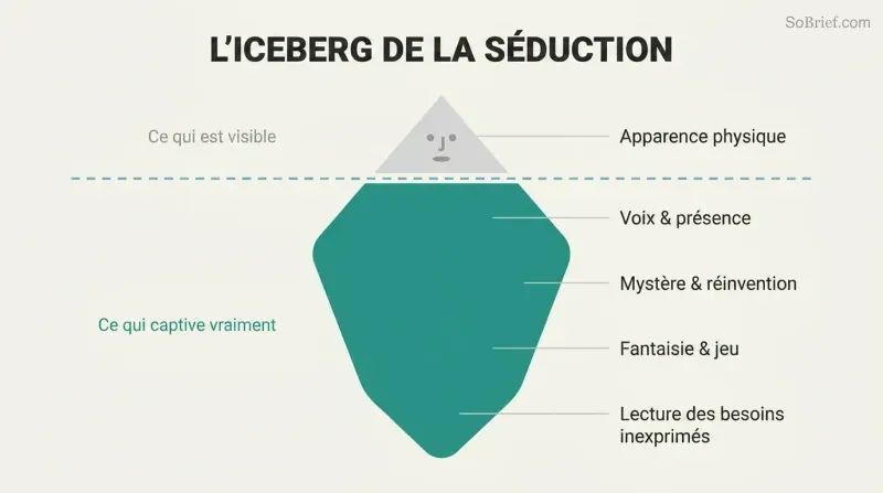 Iceberg revealing psychological presence as the vast hidden force beneath the small visible tip of physical appearance.