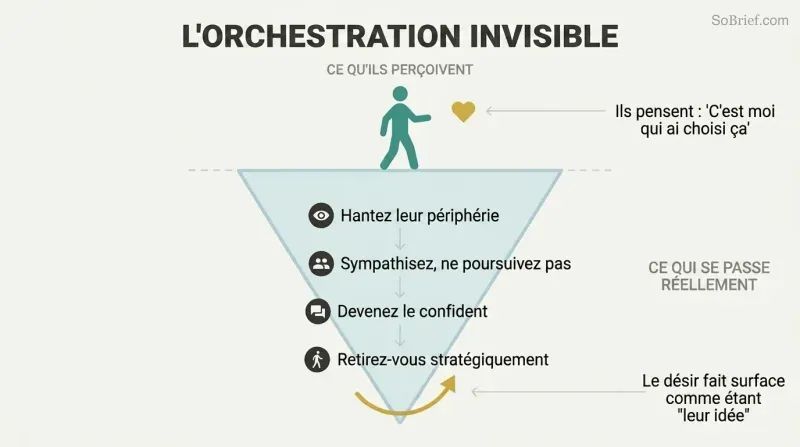 Iceberg diagram showing a target's perception of free choice above the surface while orchestrated seduction steps are hidden beneath.