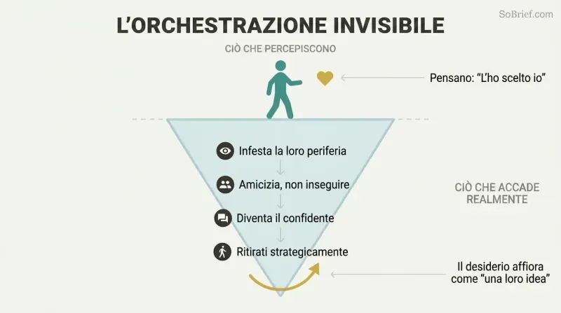 Iceberg diagram showing a target's perception of free choice above the surface while orchestrated seduction steps are hidden beneath.