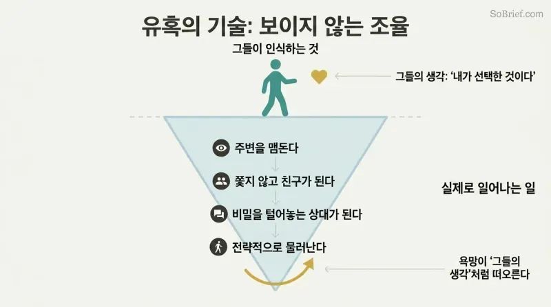 Iceberg diagram showing a target's perception of free choice above the surface while orchestrated seduction steps are hidden beneath.