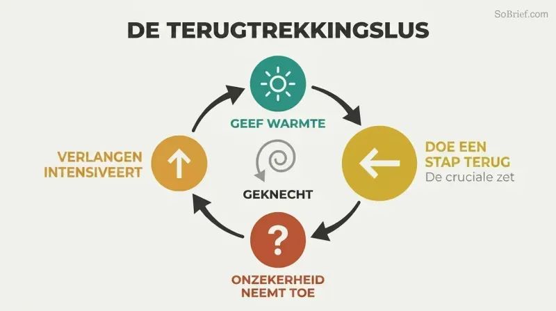 Clockwise four-stage cycle where warmth and withdrawal fuel uncertainty and escalating desire in an endless loop.