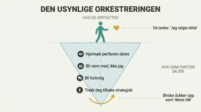 Iceberg diagram showing a target's perception of free choice above the surface while orchestrated seduction steps are hidden beneath.