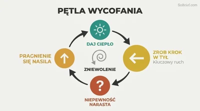 Clockwise four-stage cycle where warmth and withdrawal fuel uncertainty and escalating desire in an endless loop.