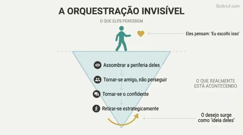 Iceberg diagram showing a target's perception of free choice above the surface while orchestrated seduction steps are hidden beneath.