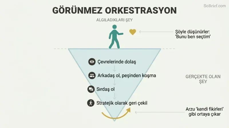 Iceberg diagram showing a target's perception of free choice above the surface while orchestrated seduction steps are hidden beneath.