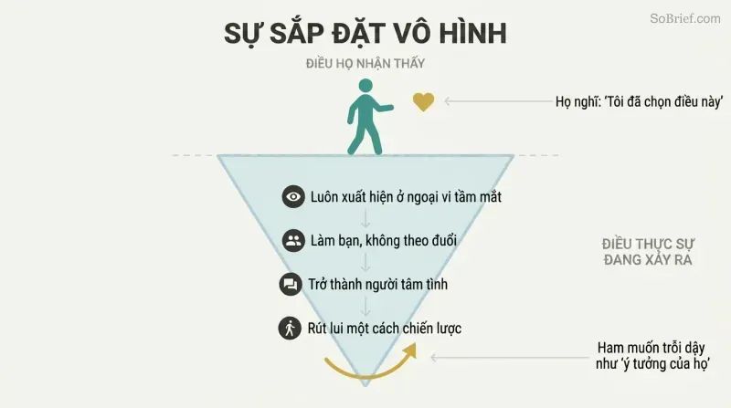 Iceberg diagram showing a target's perception of free choice above the surface while orchestrated seduction steps are hidden beneath.