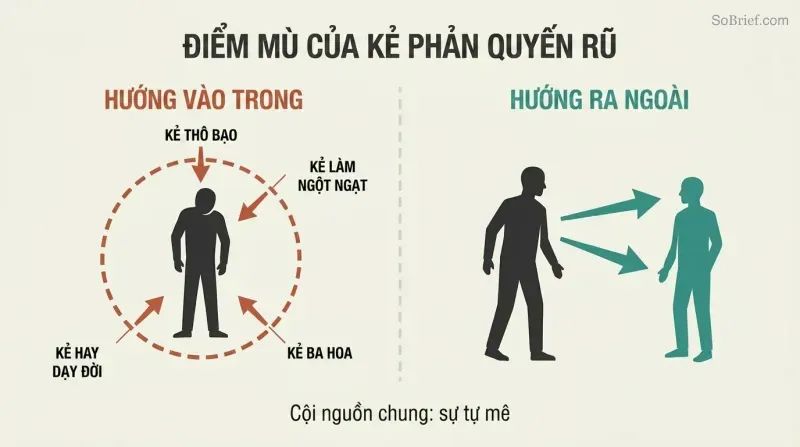Split panel contrasting a self-absorbed figure enclosed in a dashed circle with anti-seductive type labels against an open figure directing arrows of attention toward another person.