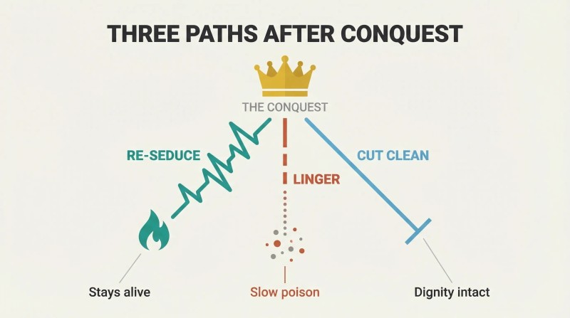 Three-pronged fork where re-seducing and cutting clean diverge as viable paths while lingering dissolves downward as the default trap.