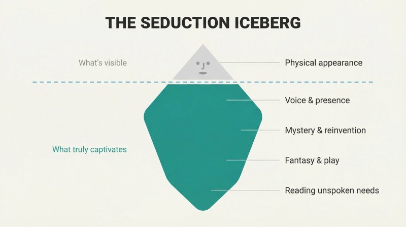 Iceberg revealing psychological presence as the vast hidden force beneath the small visible tip of physical appearance.