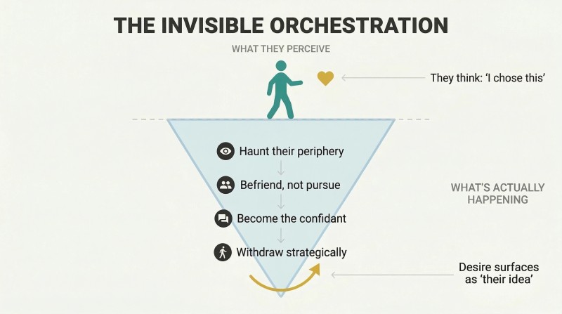 Iceberg diagram showing a target's perception of free choice above the surface while orchestrated seduction steps are hidden beneath.
