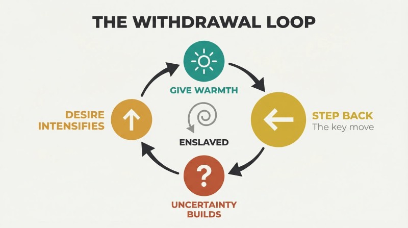 Clockwise four-stage cycle where warmth and withdrawal fuel uncertainty and escalating desire in an endless loop.
