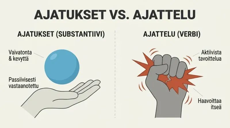 A side-by-side comparison showing how a thought floats harmlessly above an open hand, while actively grasping and squeezing that thought inside a clenched fist turns it into sharp, painful spikes that wound the hand itself.