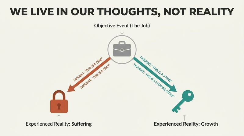 Fork diagram demonstrating how a single neutral objective event diverges into two opposite experienced realities based entirely on the internal thought filter applied.