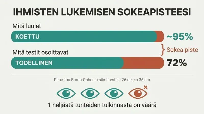 Two horizontal bars comparing perceived near-perfect accuracy against actual 72% accuracy, with four eye icons showing one in four emotional reads is wrong.