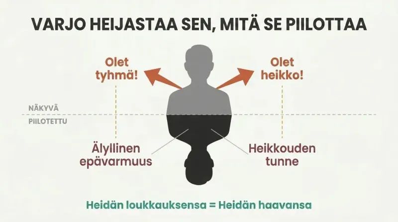 Iceberg diagram showing a figure's outward insults above a waterline mirroring their hidden insecurities below it.
