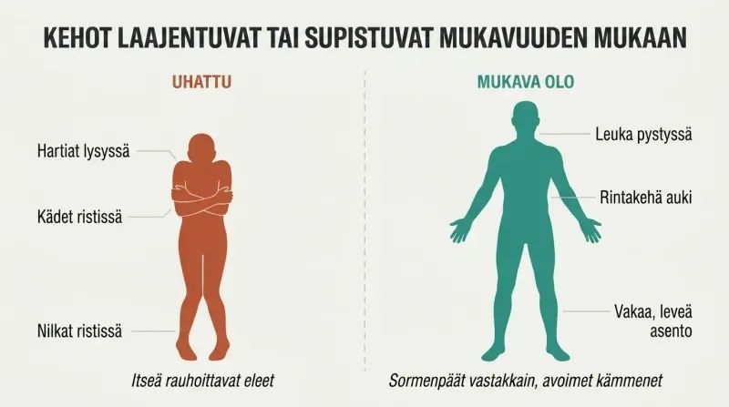 Split comparison of two human silhouettes — one hunched and contracted showing threat signals, one upright and expanded showing confidence signals, with labeled body language cues on each.