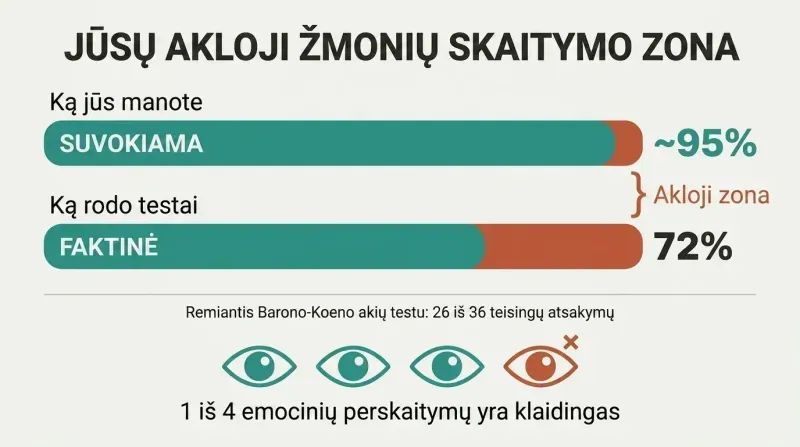 Two horizontal bars comparing perceived near-perfect accuracy against actual 72% accuracy, with four eye icons showing one in four emotional reads is wrong.