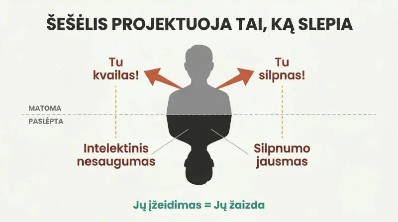 Iceberg diagram showing a figure's outward insults above a waterline mirroring their hidden insecurities below it.