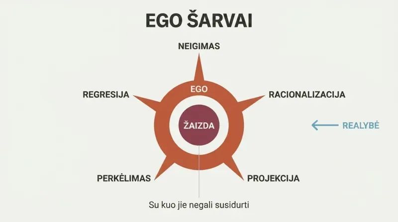 Concentric circle diagram with a vulnerable wound at center surrounded by an ego shield ring, with five defensive spines radiating outward labeled as denial, rationalization, projection, displacement, and regression.
