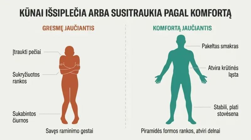 Split comparison of two human silhouettes — one hunched and contracted showing threat signals, one upright and expanded showing confidence signals, with labeled body language cues on each.