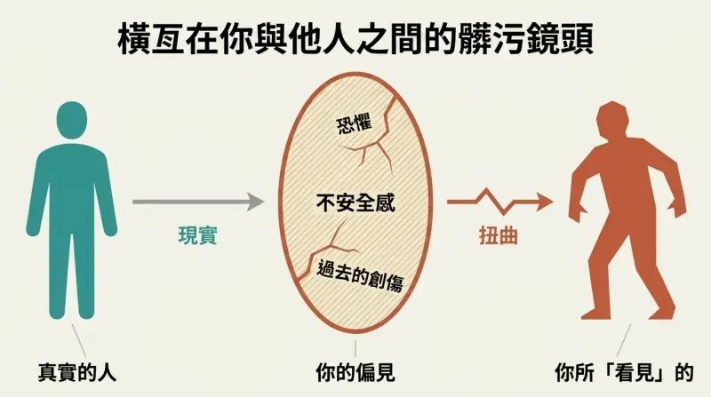 Horizontal flow showing a calm figure on the left passing through a cracked, bias-filled lens in the center to produce a distorted threatening silhouette on the right.