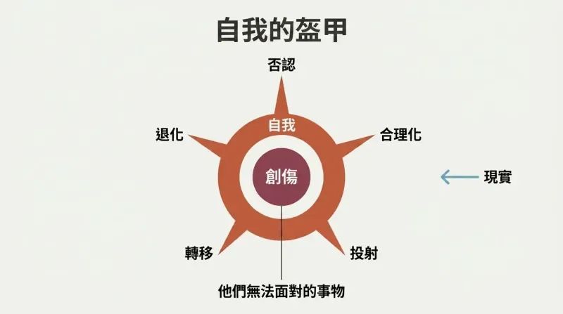 Concentric circle diagram with a vulnerable wound at center surrounded by an ego shield ring, with five defensive spines radiating outward labeled as denial, rationalization, projection, displacement, and regression.