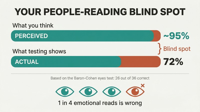 Two horizontal bars comparing perceived near-perfect accuracy against actual 72% accuracy, with four eye icons showing one in four emotional reads is wrong.