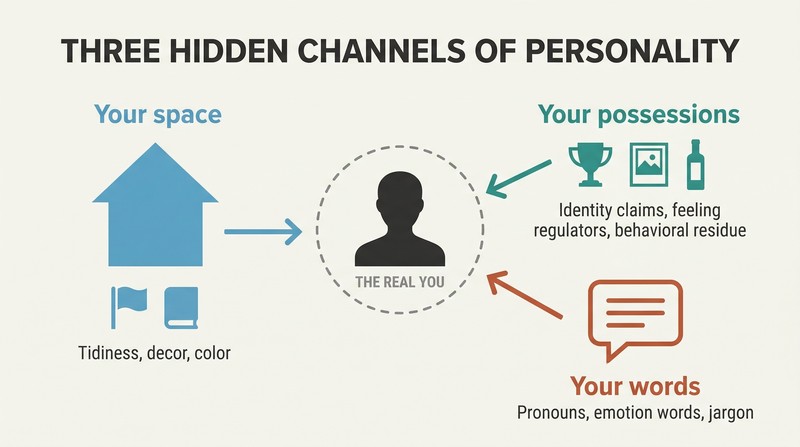 Hub-and-spoke diagram with a central person silhouette surrounded by three zones representing home, possessions, and word choice as readable personality signals.